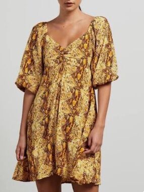 Faithfull the Brand Yellow Snake-Print Puff-Sleeve Dress - size Small